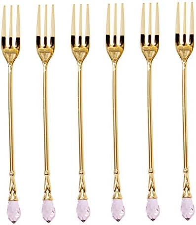 Gold Flatware Set 6-Pc. Dessert Demi Forks, 24 Karat Plated Stainless Steel with Pink Crystal Tip, 6" long ea.