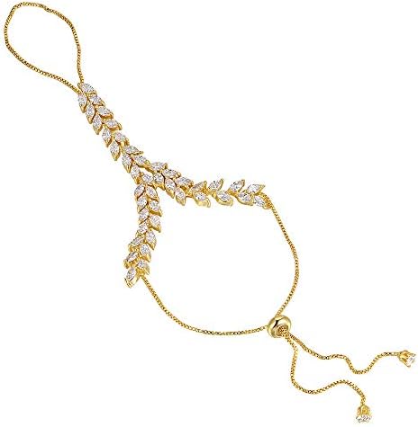 mytysun Fashion Slave Bracelet CZ Classy Cubic Zirconia Adjustable Hand Chain Bracelet with Finger Ring 18k White Gold Plated for Valentine's Day Wedding Bride …