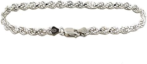 Solid 925 Sterling Silver Diamond Cut Rope Bracelet / Anklet for Men and Women 2.0mm to 6.0mm, 7" to 10" (4.0mm - 8")