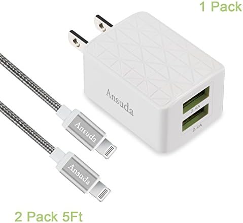 Charger Ansuda 2.4A 12W Dual Smart Technology Travel Adapter and Lightning Cable [2-Pack] 5ft USB Data Charge Sync for iPhone 7 6 6S Plus 5 5S iPad Pro [White+Gray].