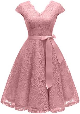 Vinvv Women's Short Vintage Floral Lace Dress V-Neck Cap Sleeve Belt Bridesmaid Party Cocktail Dress Homecoming Dress RS90035