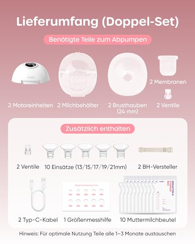 Nuliie Breast Pump Electric Portable S32, Electric Breast Pump Hands-Free 4 Modes 9 Levels with 13/15/17/19/21/24 mm Comfortable Flange, Private, with Replacement Accessories Included (2 Packs, White)