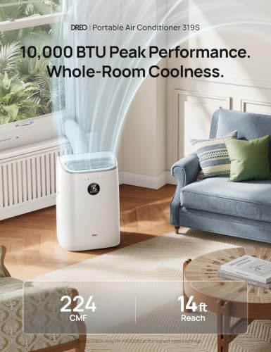 DREO Portable Air Conditioners, 10,000 BTU ASHRAE (6,000 BTU DOE) Smart AC Unit for Room with Drainage-free Cooling, APP/Voice/Remote, Fan & Dehumidifier, Quiet Standing AC for Bedroom, AC319S New
