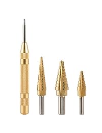 CO-Z - Juego de 3 brocas de titanio con punzón central automático, acero de alta velocidad, 3 piezas, para láminas de aluminio metálico, 28 tamaños de múltiples brocas escalonadas