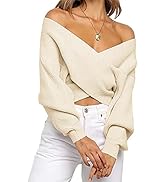 BTFBM Women Casual V Neck Long Sleeve Sweaters Cross Wrap Front Off Shoulder Asymmetric Hem Knitt...