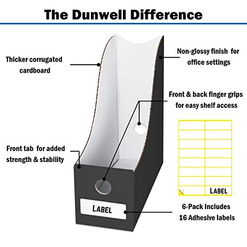 Magazine Holders, File Folder Holders (Set of 6, Black) with Labels, Sturdy Cardboard Magazine Boxes for Office Organization, Classroom or Home, by Dunwell