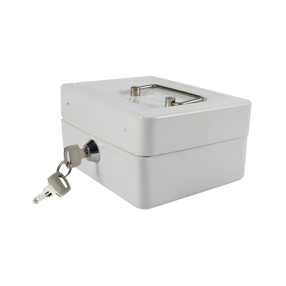 Tiiyee 6 inch Sturdy Lockable Metal Money Box, Cash Safe Lock Saving Tin with 2 Keys Coin Tray, Portable Secure Storage Case with Handle for Cash Jewelry Coins Documents Security at Home Office Travel