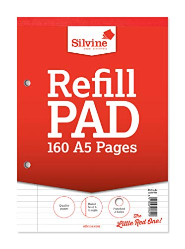 Silvine 160 Page A5 Refill Pad, Head Bound and Punched 2 Holes. Ruled 8mm Feint with Margin. Ref A5RPFM