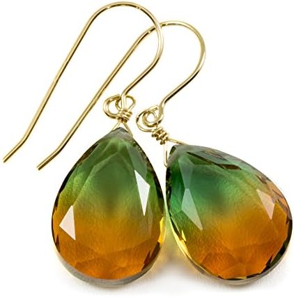 Spyglass Designs14k Yellow Gold Filled Bi Color Simulated Tourmaline Green Burnt Orange Earrings Faceted Teardrops Simple Drops 1.4"