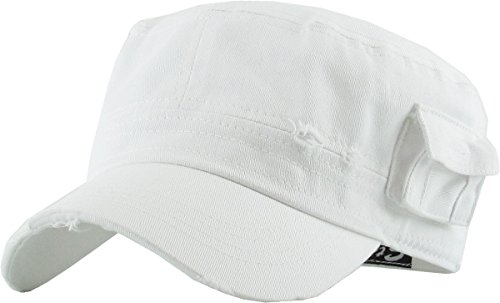 KBETHOS Cadet Army Cap Basic Everyday Military Style Hat (X-Large, (Distressed Pockets) White)
