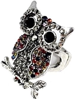 Whitegold and Multicolor Rhinestone 3D Owl Animal Adjustable Statement Stretch Ring