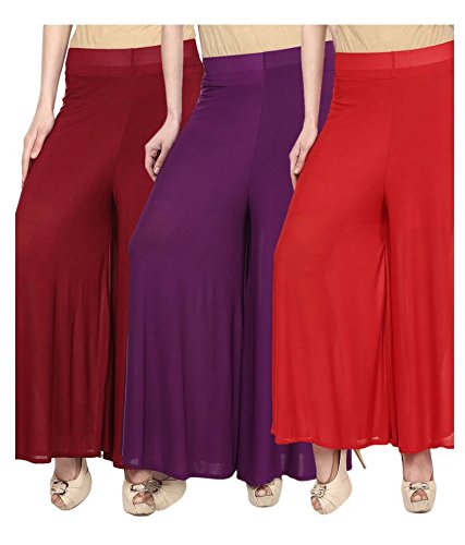 oopli pack-3 elastic waist wide leg flared lycra palazzo pants for women's-free size