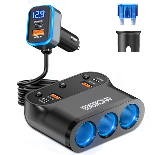 Qidoe 360 W Car Cigarette Lighter Socket 9 in 1, 3 x USB C PD 36W + Multiple Sockets, 12V/24V Cigarette Lighter Adapter with Switch Voltmeter LED Quick Charge Phone/GPS/Dash Cam