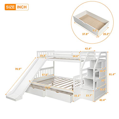 Twin Over Full Bunk Bed with Storage and Slide,Stackable Wood Twin Over
