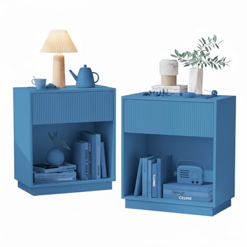 INNOD Fluted Nightstands Set of 2, Modern Bedside Table with Drawer and Storage Shelf, Wood End Table Mid Century Night Stands for Bedroom Living Room (Bule)