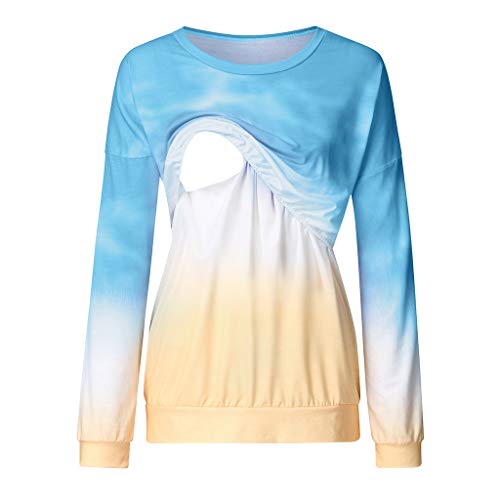 Maternity Nursing Top Shirt,Crytech Fashion Pregnancy Gradient Color Long Sleeve Double Layer Pullover Sweatshirt for Breastfeeding Pregnant Women Trendy Casual Tee Tshirt (Medium, Blue)