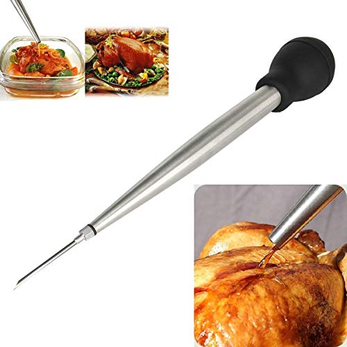 Home Servz 304 Stainless Steel Turkey Baster Syringe Injector Needle With Cleaning Brush- black Rubber Bulb