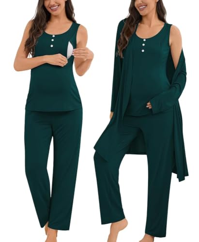 SWOMOG Maternity Nursing Robe Set 3 Piece Women Postpartum Pajamas Breastfeeding 3 in 1 Labor Delivery Zipper Pregnancy Pjs Emerald Green Large at Amazon