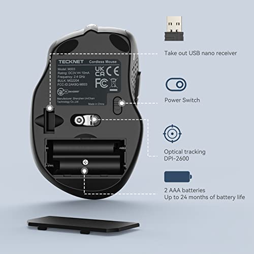 TECKNET Wireless Mouse, 2.4G Optical Mouse with 2600 DPI, Ergonomic Mouse for Laptop, PC with USB Receiver, Silent Click, Grey