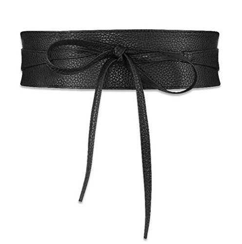 2SUN Women's Soft PU Leather Wrap Around Bow Tie Sash Belts Obi for Dress (Black)