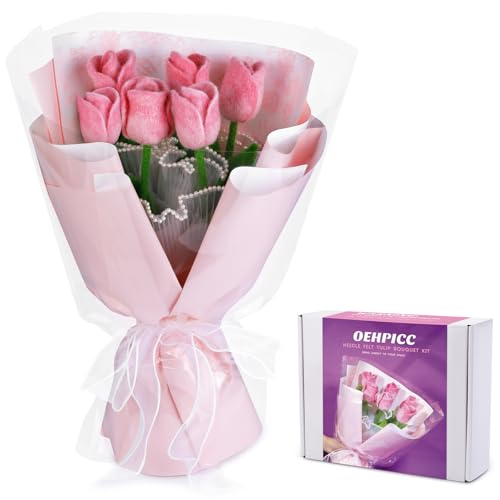 OEHPICC Needle Felting Kit, Tulip Bouquet Needle Felt Kit for Beginner with Basic Needle Felting Tools, Bouquet Packaging Materials and Instructions, for DIY Felting Starters