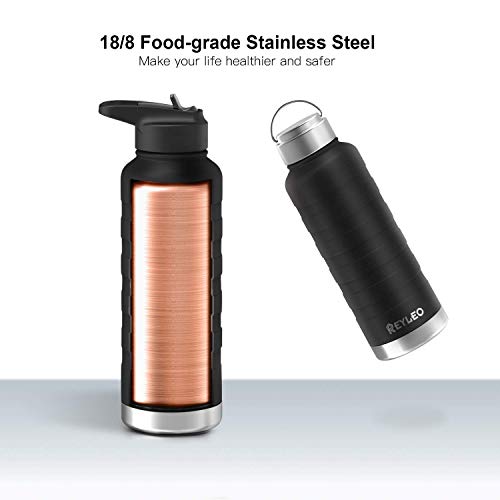 REYLEO Insulated Water Bottle with Straw Lid- 32 Oz Black, 2 Lids, 18/8 Stainless Steel Water Bottle, Keep Cold 36 Hours& Hot 12 Hours, Standard Mouth with Straw Lid