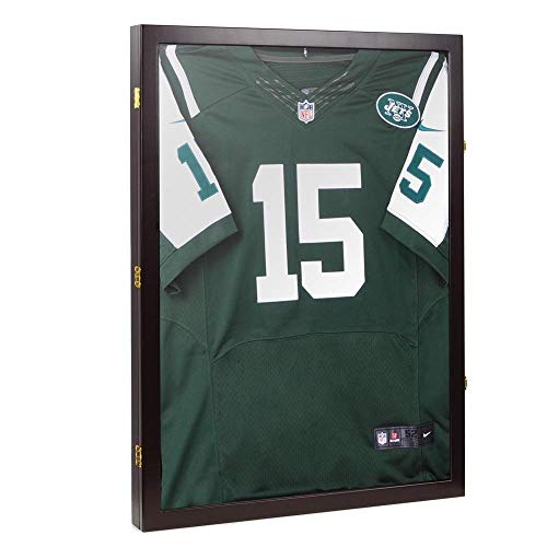 AMPERSAND SHOPS Jersey Basketball Football Hockey Soccer Basketball Baseball Shirt Uniform Collectors Dark Wood Display Frame Shadow Box with Velvet Lining 31 inches x 23 inches