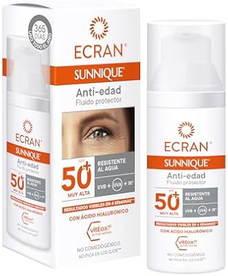 Sunnique - Fluido Facial Solar Anti-edad FPS 50+, con Ácido Hialurónico, Protección Muy Alta UVB + UVA e IR-A, Anti Arrugas y Anti Manchas, Fórmula con VitEox 80, Para Cara y Escote - 50 ml