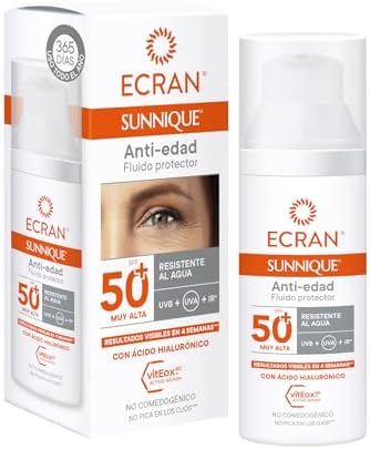 Sunnique - Fluido Facial Solar Anti-edad FPS 50+, con Ácido Hialurónico, Protección Muy Alta UVB + UVA e IR-A, Anti Arrugas y Anti Manchas, Fórmula con VitEox 80, Para Cara y Escote - 50 ml