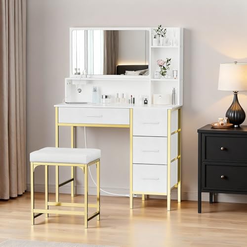 Tocador,Vanity tocador grande con 4 cajones en cuero blancos,Tocadors Vanity con Espejo , Con toma de corriente,con 1 cuero taburete tapizado, Ideal para Recámara, Sala de Estar, Vestidor 90x40x133CM
