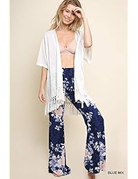 Pantalones de pierna ancha para dama de cintura alta con estampado floral y cintura elástica ahumada
