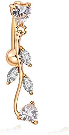 Women 18K Gold Plated Leaves Crystal Cubic Zirconia Dangle Belly Button Rings Body Piercing Gold Reverse Sexy Navel Rings