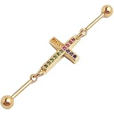 Zynova 16G Colorful CZ Cross Chain Industrial Barbell Earring for Women Gold Plated Stainless Steel Chained Industrial Piercing Jewelry Double Piercing Earring