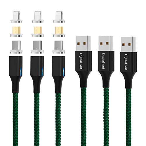 Digital Ant Gen-X Micro USB + USB-C/Type-C + i-Product 3 Tips in 1 Nylon Braided Magnetic Charging Cable, Support 3.0A Fast Charging & Data Transfer (Green 3-Pack, 5 Feet)