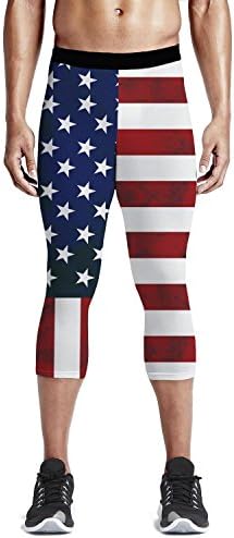 Men's Compression 3/4 Capri Shorts Baselayer Cool Dry Sports Tights, American Flag Workout Running Tights Pants and Leggings