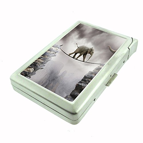 Classic Elephant Art Design S34 Cigarette Case Lighter Smoking King Size Cigarettes Silver Metal Wallet 4" X 2.75" RFID Protection