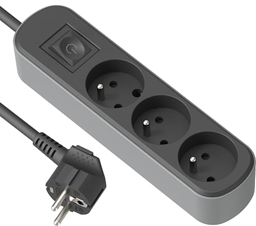 Electraline 32025 Bloc Multiprise Prima 3 Prises 16A avec Interrupteur, Longueur 1.5 Mètres, Noir/Gris