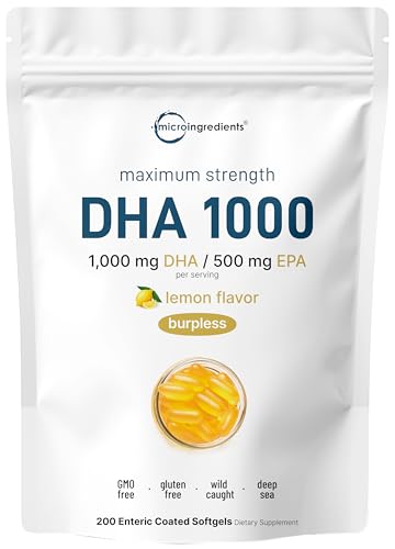 Micro Ingredients - Omega 3 DHA 1000mg con EPA 500mg, 200 Cápsulas Blandas, Sabor Limón