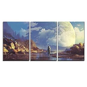 3 Piece Canvas Wall Art - Scenery of Lonely Woman Looking at Another Earth,Illustration Painting - Modern Home Art Stretched and Framed Ready to Hang - 16"x24"x3 Panels