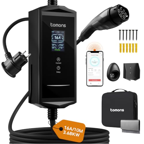 tomons Wallbox Type 2 Schuko 3.68kW with App, 10m 6-16A, 2.4" LCD Display, Delay Charge, IP65, Portable/Wall Mount, Compatible with Tesla Model 3/Y, Volkswagen ID. & VE IEC 62196-2