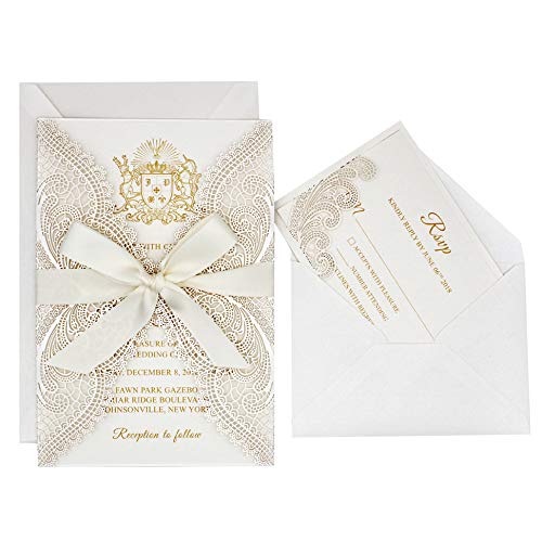 Picky Bride 25-Pack Ivory Laser Cut Lace Wedding Invitations with RSVP Cards and Ribbon Bow, Elegant Invitation Set for Wedding/Bridal Shower/Birthday Party, 128 x 185mm (25 Invitations + 25 RSVP)
