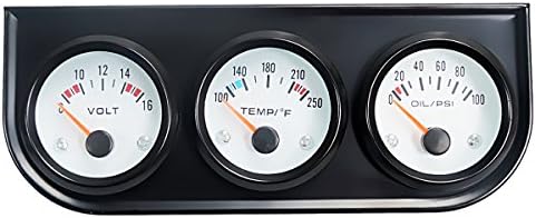 SINOVCLE Triple Gauge Kit 2" Voltage + Fahrenheit Water Temperature + Oil Pressure with Sensor (White Dial Face, Black Bezel)