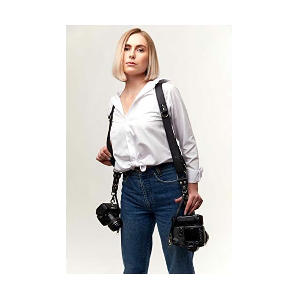 C Coiro Kameragurt für 2 Kameras mit doppeltem Tragegurt aus Leder und verstellbarem Schultergurt - Ledergurt für DSLR/SLR - Camera Dual Shoulder Strap, Standard/Schwarz – Bild 6