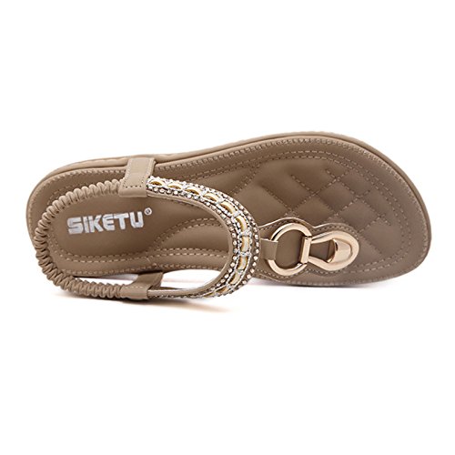 DolphinGirl Bohemian Summer Vacation Flat Thong Sandals, Nude Open Toe Glitter Rhinestone Shiny Golden Metal Shoes for Dressy Casual Jeans Daily Wear and Beach Vacation
