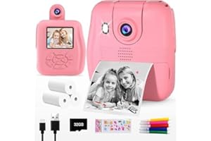 GKTZ Kids Camera - 1080P Instant Digital Print Camera for Kids - Christmas Birthday Gifts for 3-12 Year Old Girls and Boys, Portable Toy with 32GB SD Card & 3 Rolls of Printing Paper, Pink