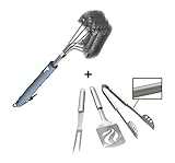 Barbecue Grill Brush + BBQ Tools Set - HEAVY DUTY 20% THICKER STAINLESS STEEL - Professional Grade Accessories - 3 Piece Utensils Kit Includes Spatula Tongs Fork - Unique Birthday Gift Idea For Dad