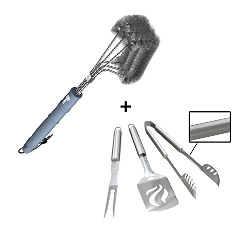 Barbecue Grill Brush + BBQ Tools Set - HEAVY DUTY 20% THICKER STAINLESS STEEL - Professional Grade Accessories - 3 Piece Utensils Kit Includes Spatula Tongs Fork - Unique Birthday Gift Idea For Dad