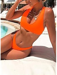 Conjunto de bikini de corte alto con cuello redondo para dama, 2 piezas