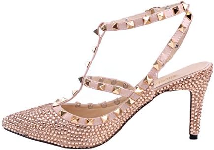 SHOELIN Stiletto Heels-Rhinestone, Women Champagne Pointed Toe Crystal Evening Dress Shoes For Women's Lace Long Sleeve Floor Length Evening Dress 08412