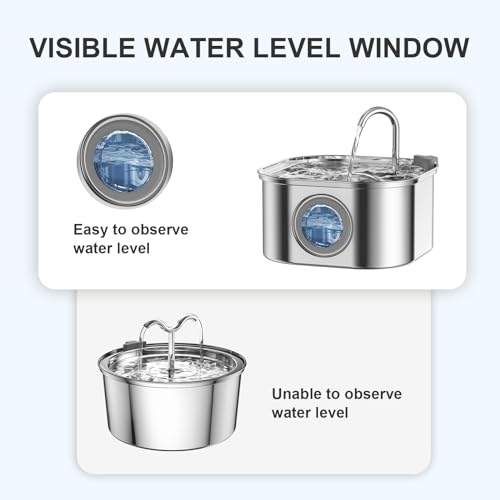 Cat Water Fountain, VinDox 3.2L/108oz Automatic Stainless Steel Pet Fountain Water Levels Window can be Checked Dog Water Dispenser, Ultra-Quiet Pump for Multiple Pets (8 Filters & 8 Sponges)